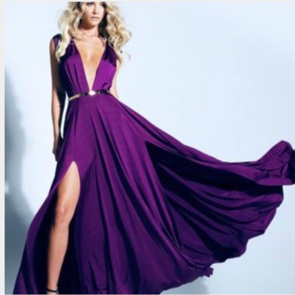 Lurelly Eggplant Deep V Split Dress